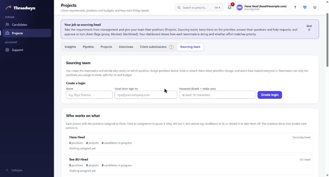 The Sourcing team screen